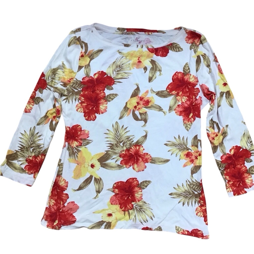 Talbots‎ Tropical Flower Red Orange Yellow Hibiscus 100% Cotton 3/4 Sleeve Shirt